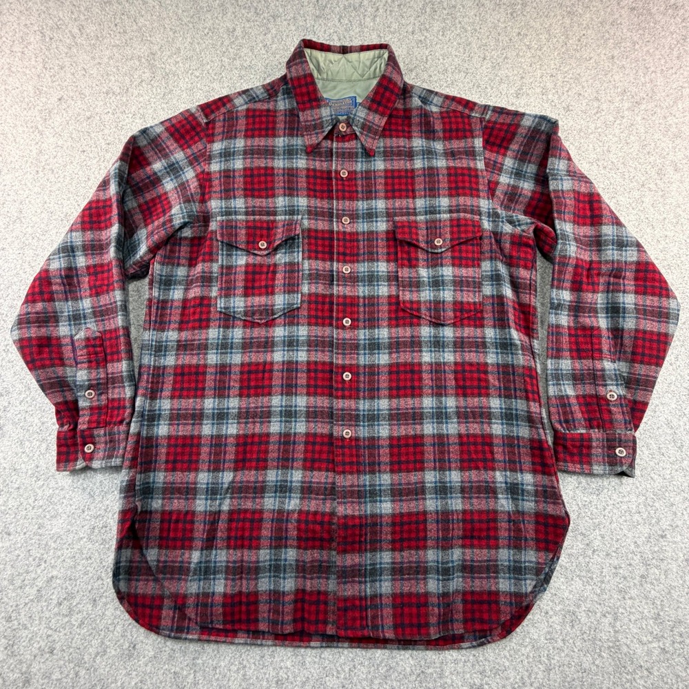 Pendleton Board Shirt Mens XL Long Red Grey Plaid Virgin Wool Flannel USA Made